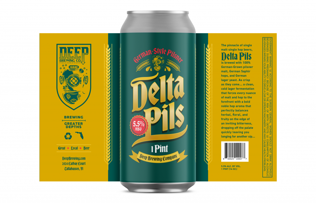 DEEP Brewing Delta Pils Label. 2023 American Advertising Awards for North Central Florida