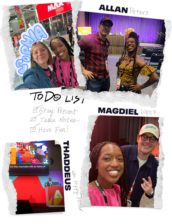 A collage of Courtney's photos from Adobe MAX. Top left: Courtney and Sophia smiling at the front of the conference center. Top right: Courtney posing with Allan Peters. Bottom left: A photo of Thaddeus speaking at a session. Bottom right: Courtney posing for a selfie with Magdiel Lopez.